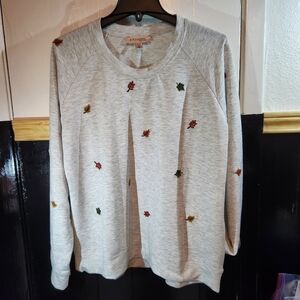 Philosophy Womens XL Gray Sweater with Leaf Embroidered Accents